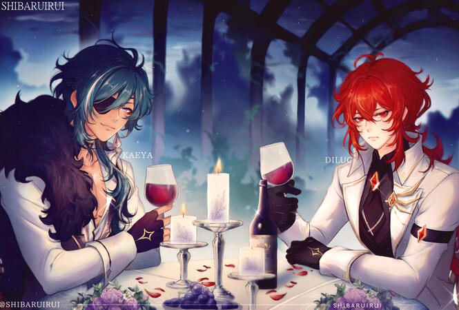 Kaeya and Diluc from the game, Genshin Impact drinking wine on a casual night out (2020)